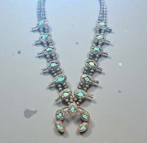 OLD Hand Stamped Sterling Silver HIGH BLUE TURQUOISE Squash Blossom NECKLACE